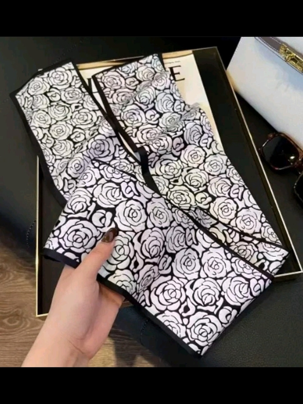 Black & White Rose Pattern Scarf Wrap